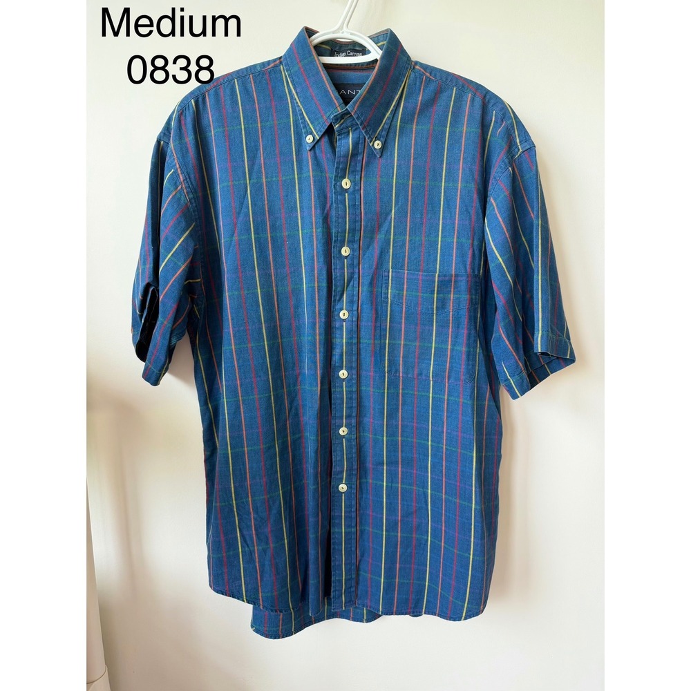 Gant Indigo Canvas Mens Medium Blue Multi Color Plaid Short Sleeve Button Down